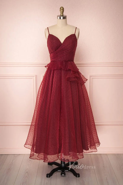Burgundy Dotted Tulle Prom Dress Spaghetti Strap Maxi Dress FD2032-prom dresses 2025 -Viniodress-Burgundy-Custom Size-