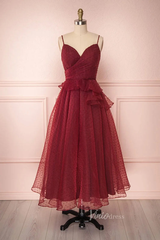 Burgundy Dotted Tulle Prom Dress Spaghetti Strap Maxi Dress FD2032-prom dresses 2025 -Viniodress-Burgundy-Custom Size-