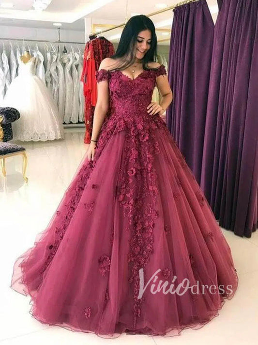 Burgundy Floral Ball Gown Prom Dresses FD1495-prom dresses 2025 -Viniodress-Burgundy-Custom Size-