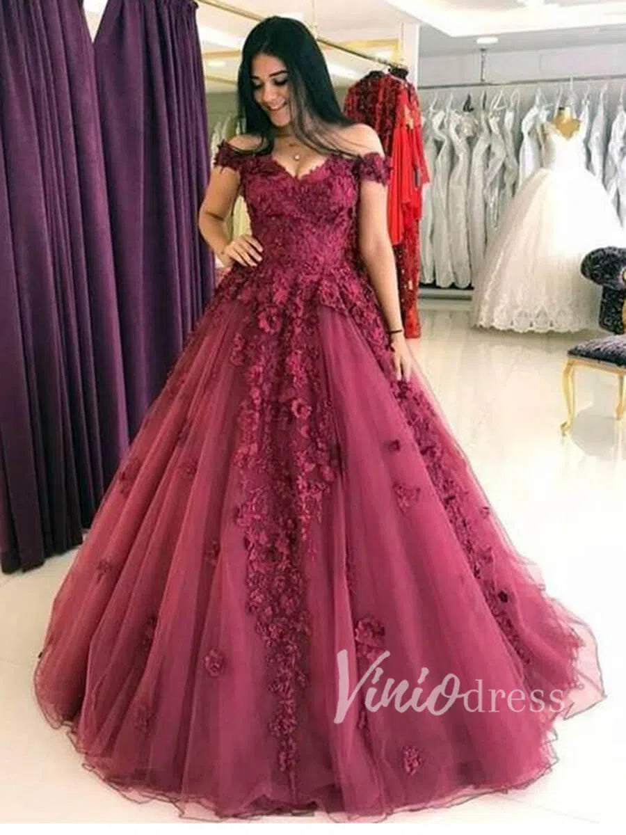 Burgundy Floral Ball Gown Prom Dresses FD1495-prom dresses 2025 -Viniodress-Burgundy-Custom Size-