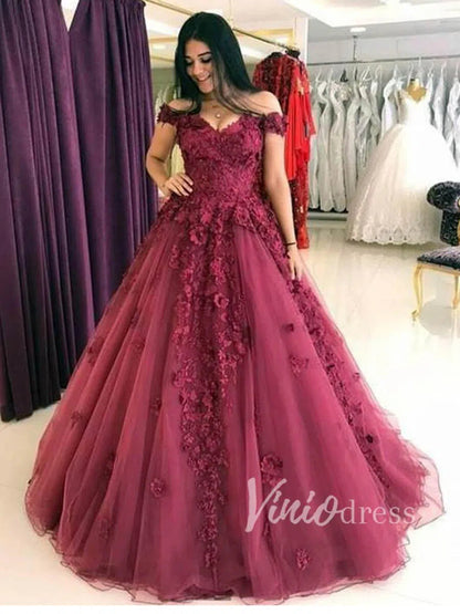 Burgundy Floral Ball Gown Prom Dresses FD1495-prom dresses 2025 -Viniodress-Burgundy-Custom Size-