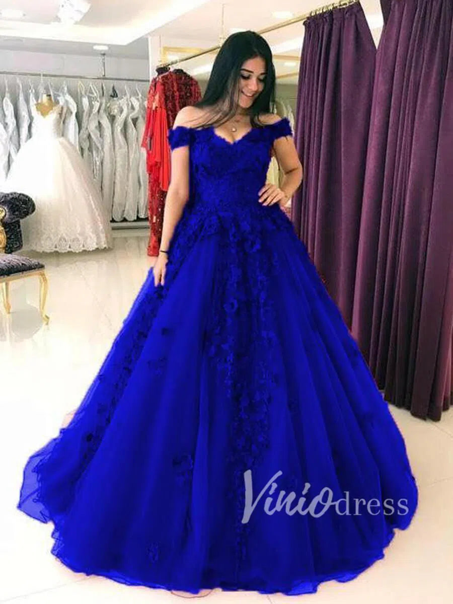 Burgundy Floral Ball Gown Prom Dresses FD1495-prom dresses 2025 -Viniodress-Royal Blue-Custom Size-