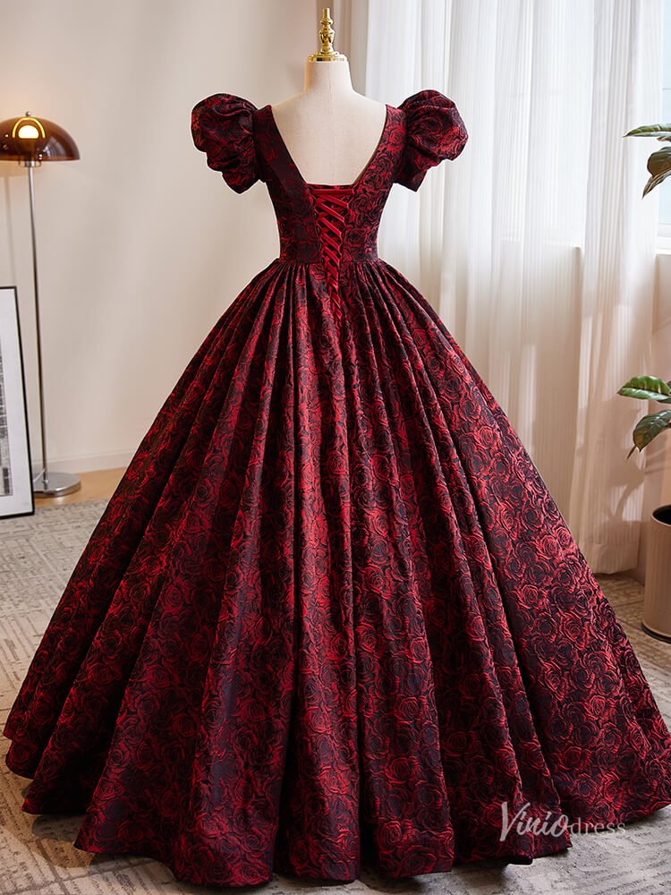 Burgundy Floral Blossom Prom Ball Gown Puffed Sleeve V-Neck Quinceanera Dresses BG017-prom dresses 2025 -Viniodress-Burgundy-Custom Size-