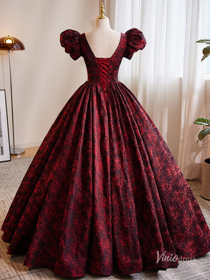 Burgundy Floral Blossom Prom Ball Gown Puffed Sleeve V-Neck Quinceanera Dresses BG017-prom dresses 2025 -Viniodress-Burgundy-Custom Size-