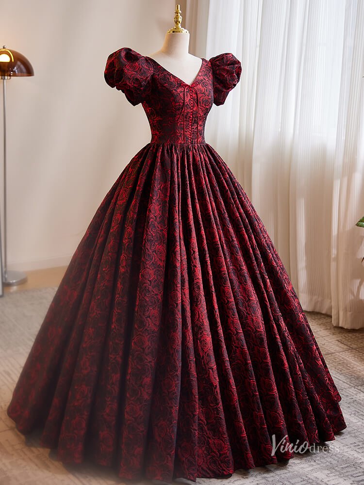 Burgundy Floral Blossom Prom Ball Gown Puffed Sleeve V-Neck Quinceanera Dresses BG017-prom dresses 2025 -Viniodress-Burgundy-Custom Size-