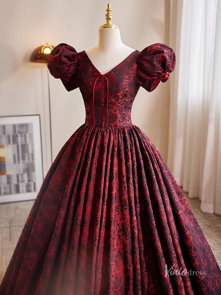 Burgundy Floral Blossom Prom Ball Gown Puffed Sleeve V-Neck Quinceanera Dresses BG017-prom dresses 2025 -Viniodress-Burgundy-Custom Size-