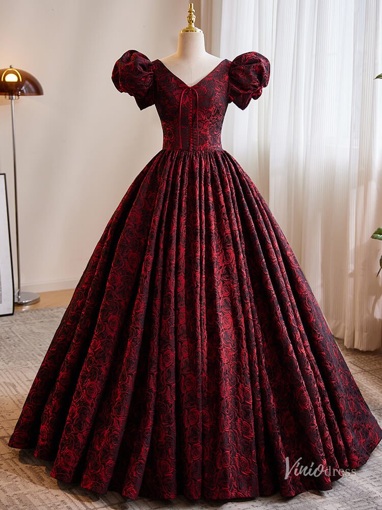 Burgundy Floral Blossom Prom Ball Gown Puffed Sleeve V-Neck Quinceanera Dresses BG017-prom dresses 2025 -Viniodress-Burgundy-Custom Size-