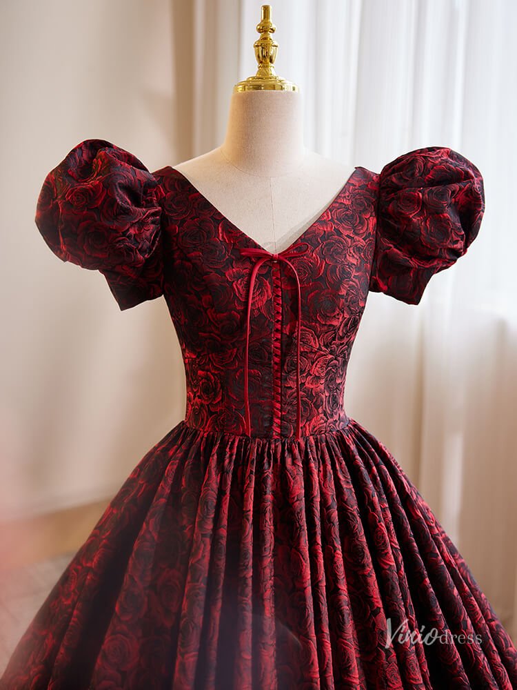 Burgundy Floral Blossom Prom Ball Gown Puffed Sleeve V-Neck Quinceanera Dresses BG017-prom dresses 2025 -Viniodress-Burgundy-Custom Size-
