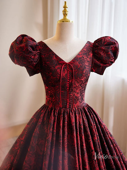 Burgundy Floral Blossom Prom Ball Gown Puffed Sleeve V-Neck Quinceanera Dresses BG017-prom dresses 2025 -Viniodress-Burgundy-Custom Size-