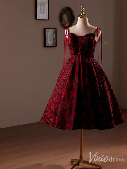 Burgundy Floral Print Homecoming Dress Satin Hoco 2024 Graduation Dress 8022-prom dresses 2025 -Viniodress-Burgundy-Custom Size-