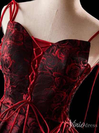 Burgundy Floral Print Homecoming Dress Satin Hoco 2024 Graduation Dress 8022-prom dresses 2025 -Viniodress-Burgundy-Custom Size-