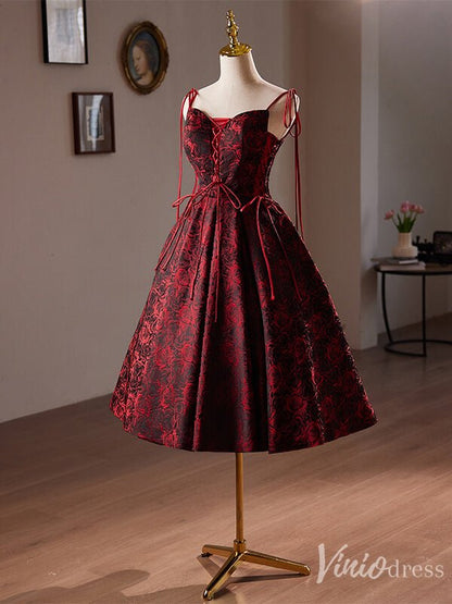 Burgundy Floral Print Homecoming Dress Satin Hoco 2024 Graduation Dress 8022-prom dresses 2025 -Viniodress-Burgundy-Custom Size-