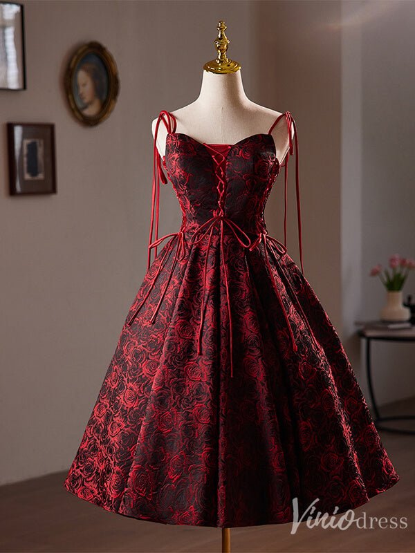 Burgundy Floral Print Homecoming Dress Satin Hoco 2024 Graduation Dress 8022 - Viniodressprom dressesBurgundyCustom Size - Formal Dresses - Ball Gowns