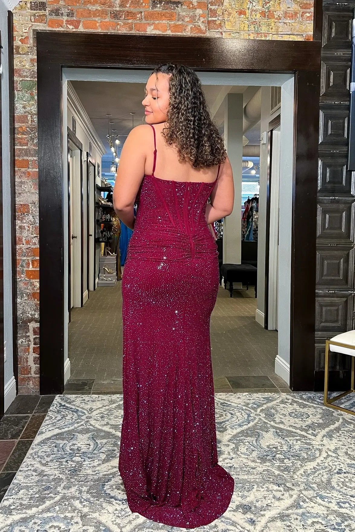 Burgundy Glitter Sheath Prom Dress with Ruched Corset & Slit SQ019 Viniodress Burgundy Glitter Sheath Prom Dress with Ruched Corset & Slit SQ019 Viniodress