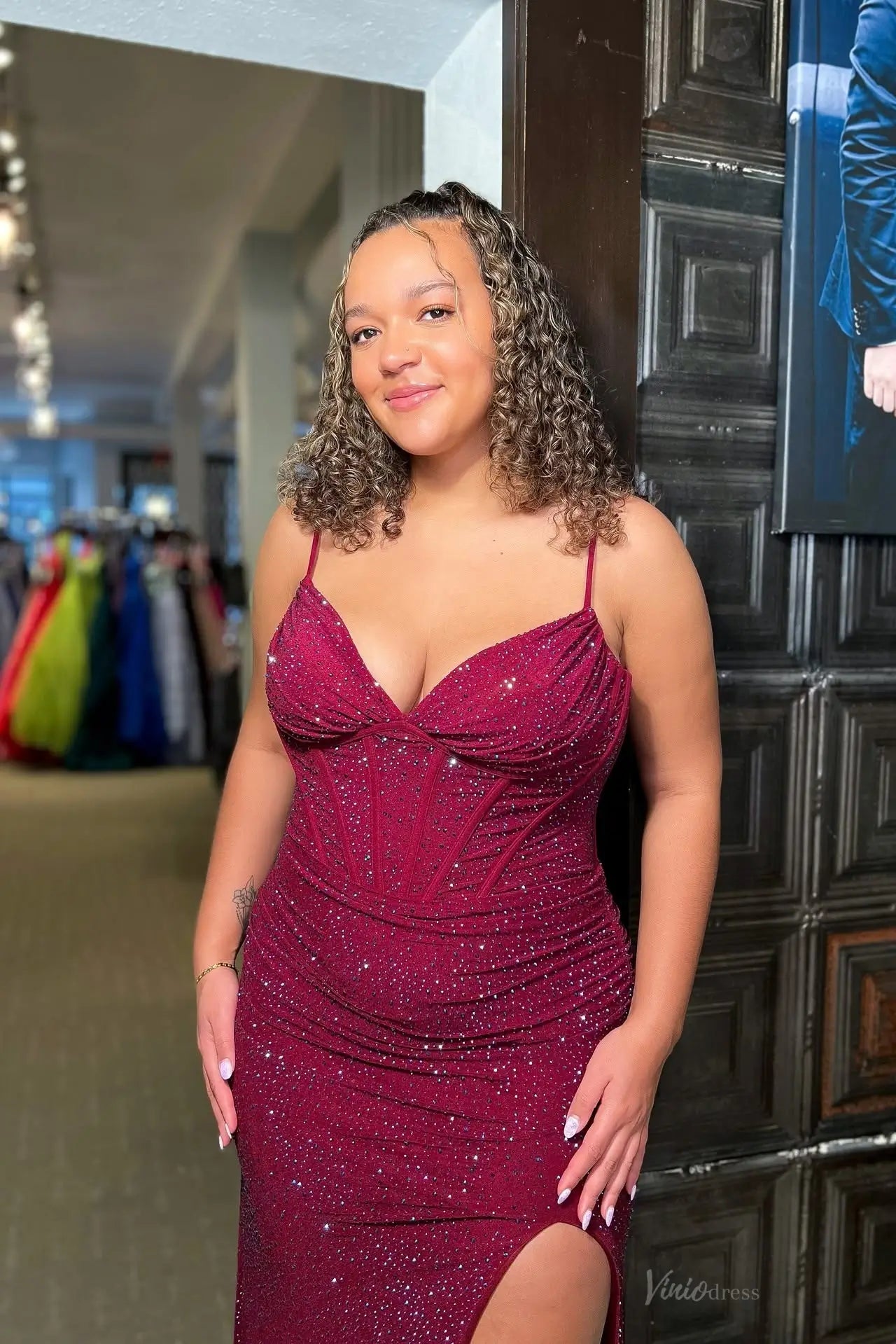 Burgundy Glitter Sheath Prom Dress with Ruched Corset & Slit SQ019 Viniodress Burgundy Glitter Sheath Prom Dress with Ruched Corset & Slit SQ019 Viniodress