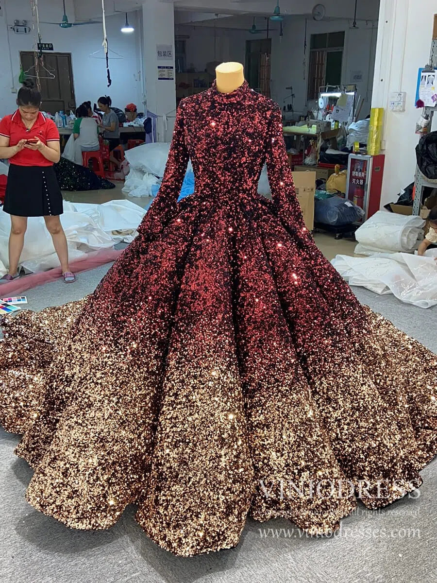 Burgundy Gold Sequin Wedding Dresses 66991 High Neck, Long Tail-wedding dresses 2025 -Viniodress-Burgundy Gold-Custom Size-