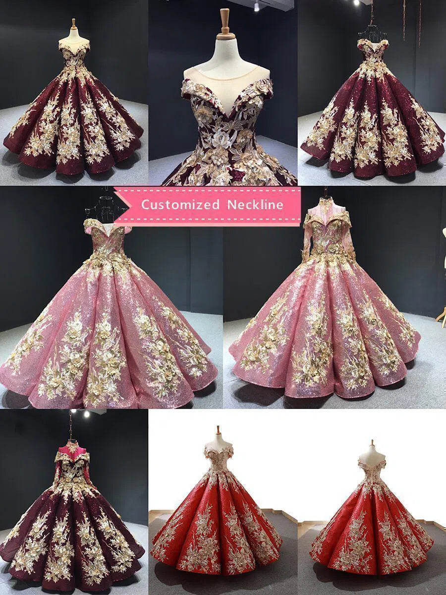 Burgundy & Gold Vintage Princess Ball Gowns Sparkly Long Prom Dresses FD1109 viniodress-prom dresses 2025 -Viniodress-Burgundy-Custom Size-