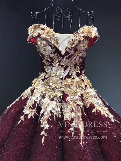 Burgundy & Gold Vintage Princess Ball Gowns Sparkly Long Prom Dresses FD1109 viniodress-prom dresses 2025 -Viniodress-Burgundy-Custom Size-