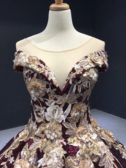 Burgundy & Gold Vintage Princess Ball Gowns Sparkly Long Prom Dresses FD1109 viniodress-prom dresses 2025 -Viniodress-Burgundy-Custom Size-