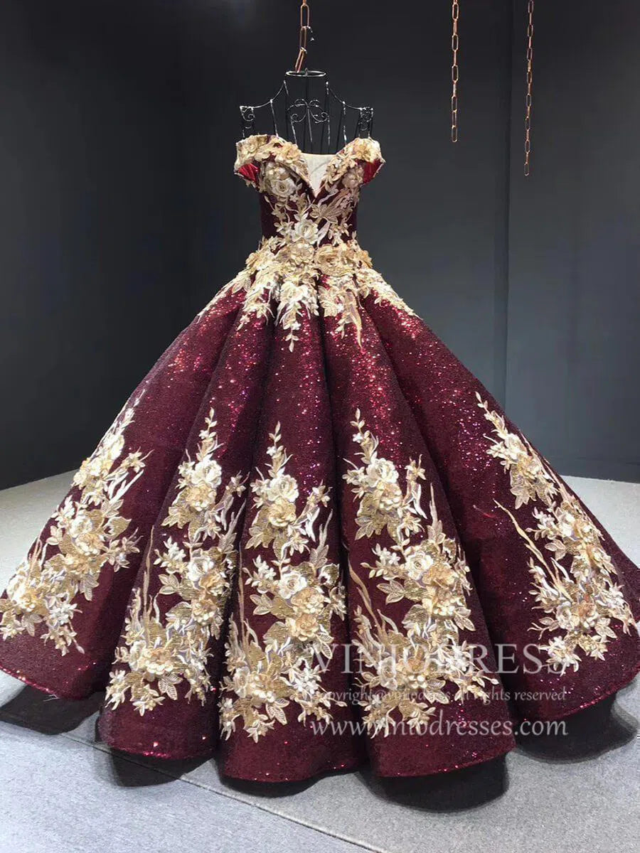 Burgundy & Gold Vintage Princess Ball Gowns Sparkly Long Prom Dresses FD1109 viniodress-prom dresses 2025 -Viniodress-Burgundy-Custom Size-