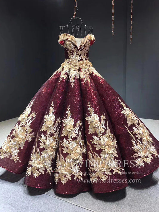 Burgundy & Gold Vintage Princess Ball Gowns Sparkly Long Prom Dresses FD1109 viniodress-prom dresses 2025 -Viniodress-Burgundy-Custom Size-