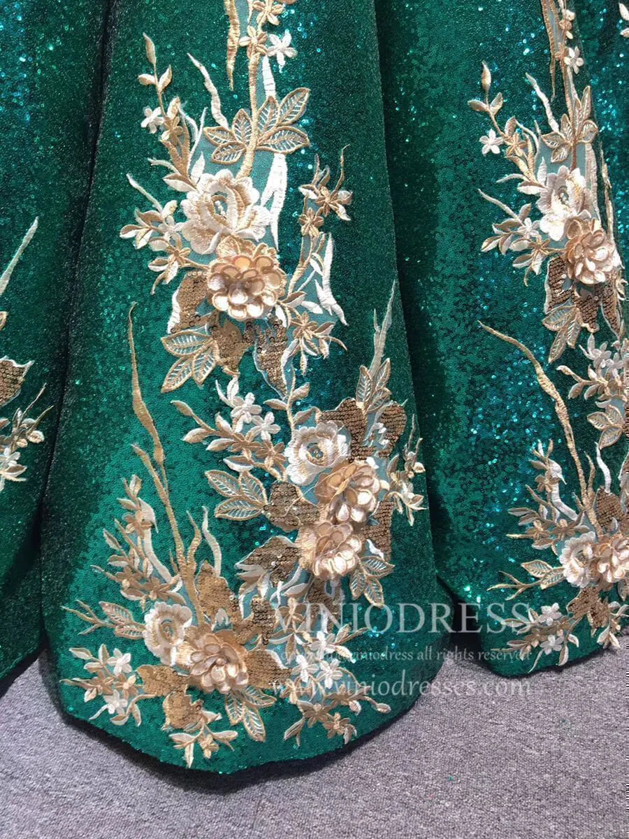 Burgundy & Gold Vintage Princess Ball Gowns Sparkly Long Prom Dresses FD1109 viniodress-prom dresses 2025 -Viniodress-Green-Custom Size-