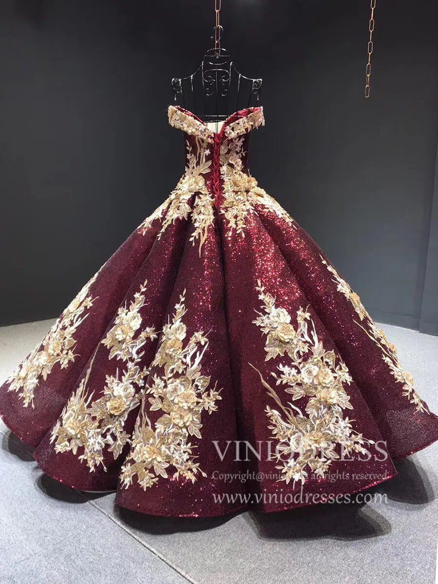 Burgundy Gold Vintage Princess Ball Gowns Sparkly Long Prom Dresses Viniodress