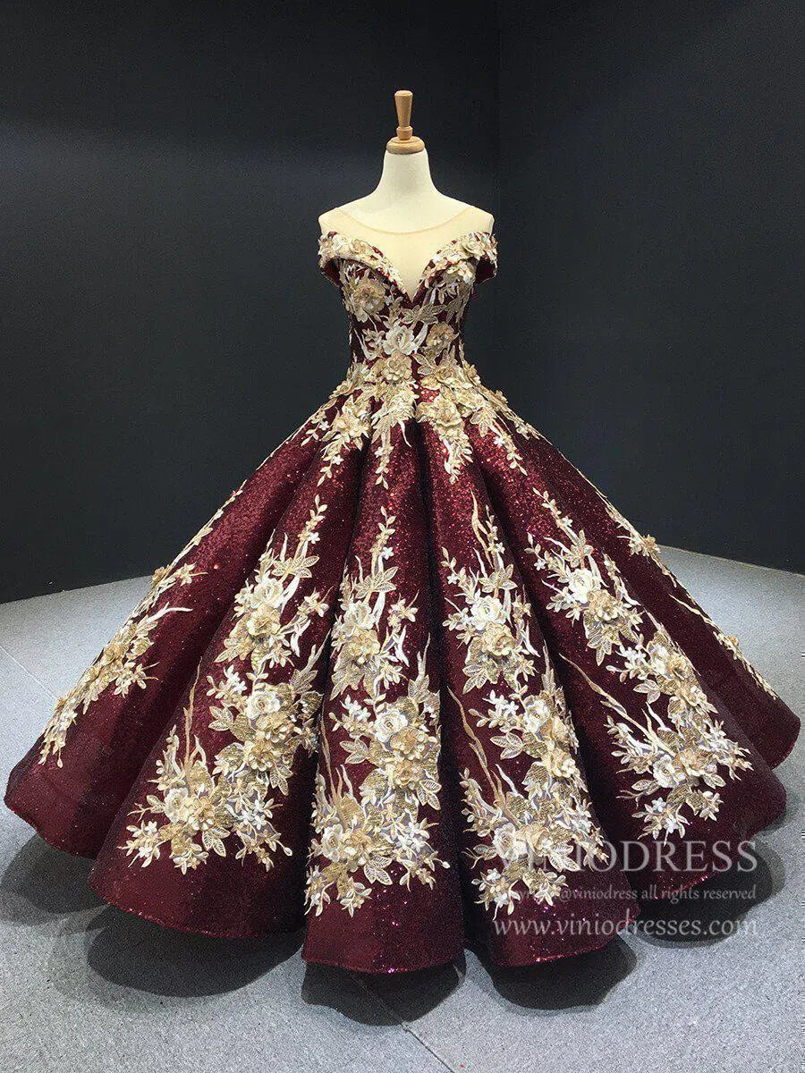 Burgundy & Gold Vintage Princess Ball Gowns Sparkly Long Prom Dresses FD1109 viniodress-prom dresses-Viniodress-Viniodress