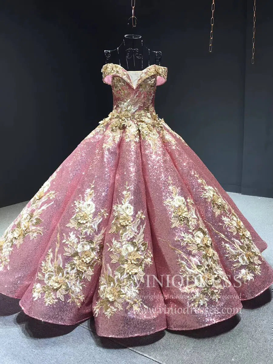 Burgundy & Gold Vintage Princess Ball Gowns Sparkly Long Prom Dresses FD1109 viniodress-prom dresses-Viniodress-Pink-Custom Size-Viniodress