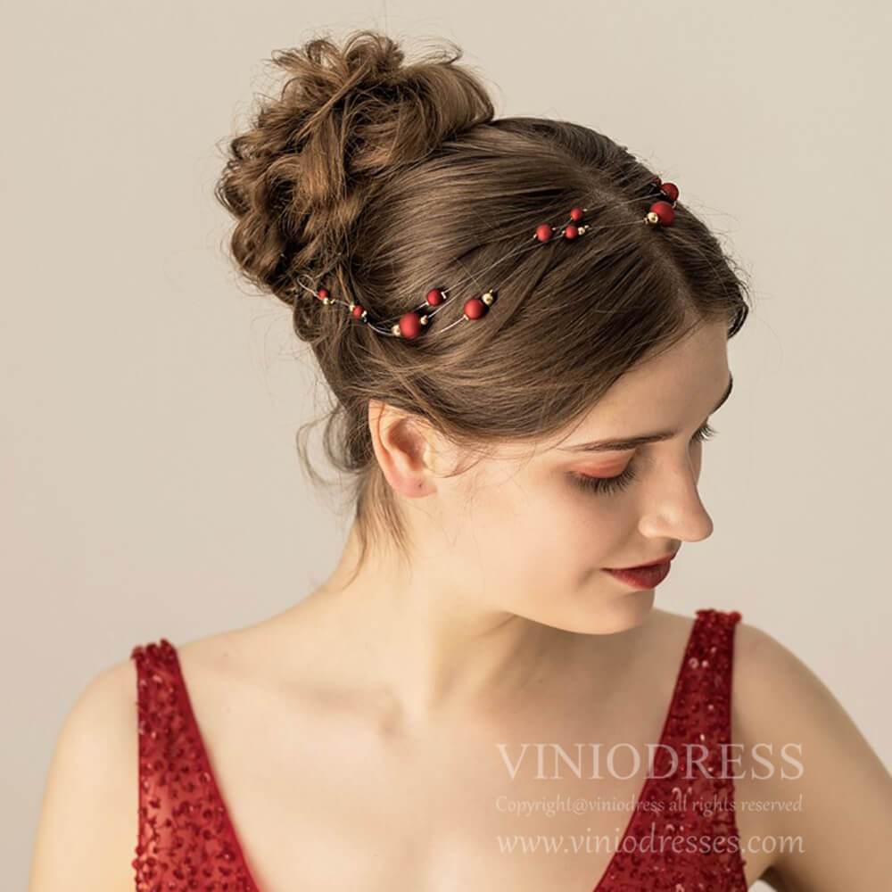 Burgundy Headband and Eearrings Set AC1107-Headpieces 2025 -Viniodress-Headband&Earrings-