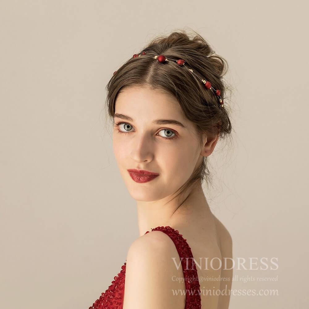 Burgundy Headband and Eearrings Set AC1107-Headpieces-Viniodress-Headband&Earrings-Viniodress