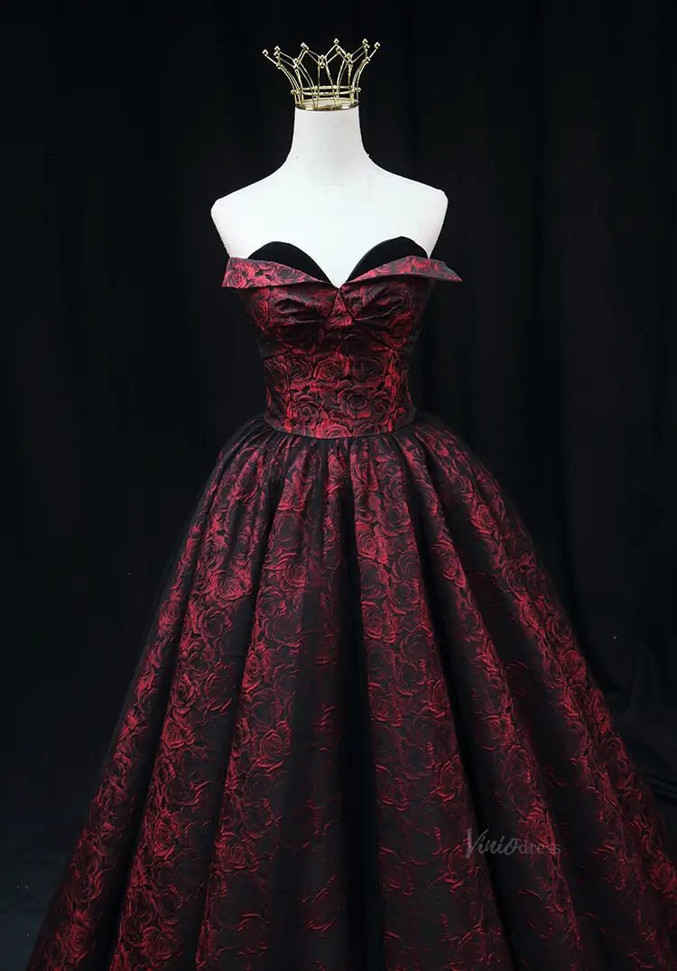 Burgundy Jacquard Prom Dresses Floral Sweethaert Quinceanera Dresses SU077-prom dresses 2025 -Viniodress-Burgundy-Custom Size-