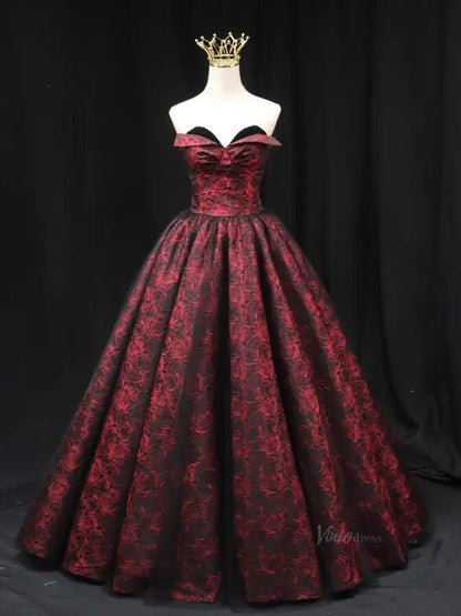 Burgundy Jacquard Prom Dresses Floral Sweethaert Quinceanera Dresses SU077-prom dresses 2025 -Viniodress-Burgundy-Custom Size-