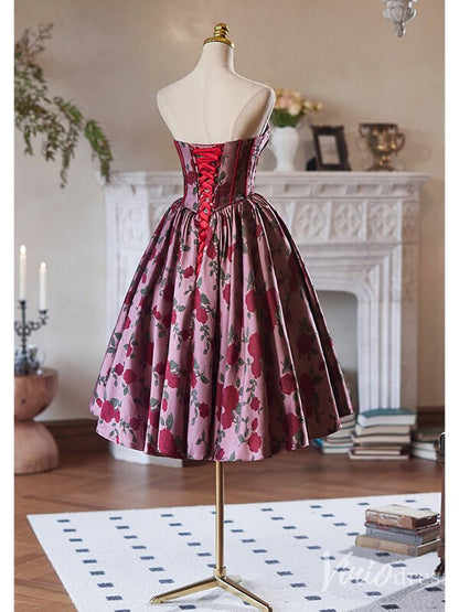 Burgundy Jacquard Satin Hoco 2024 Floral Print Strapless Back to School Dress 8005-prom dresses 2025 -Viniodress-Burgundy-Custom Size-