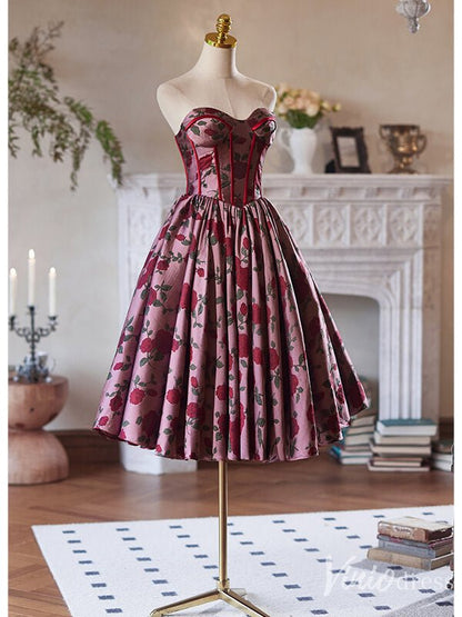 Burgundy Jacquard Satin Hoco 2024 Floral Print Strapless Back to School Dress 8005-prom dresses 2025 -Viniodress-Burgundy-Custom Size-