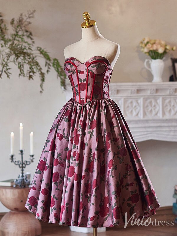 Burgundy Jacquard Satin Hoco 2024 Floral Print Strapless Back to School Dress 8005-prom dresses 2025 -Viniodress-Burgundy-Custom Size-