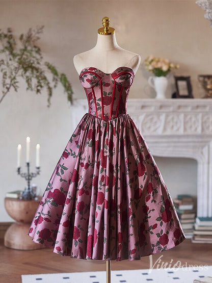 Burgundy Jacquard Satin Hoco 2024 Floral Print Strapless Back to School Dress 8005-prom dresses 2025 -Viniodress-Burgundy-Custom Size-