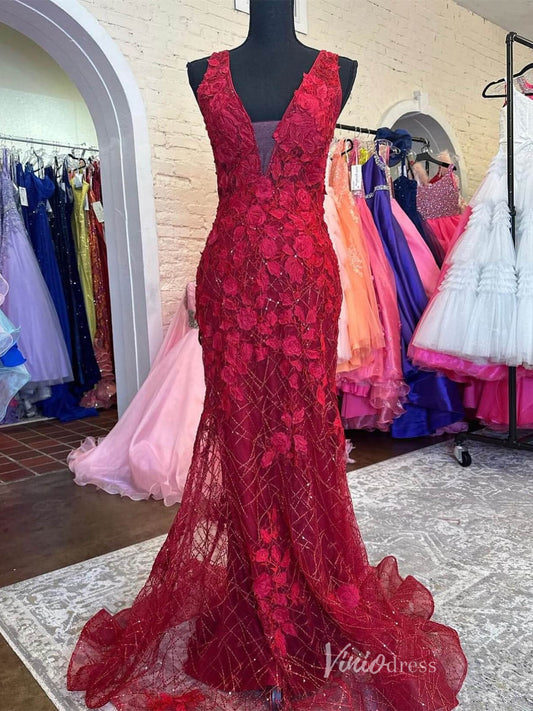 Burgundy Lace Applique Mermaid Prom Dresses Plunging V - Neck Sheer Bodice FD4084 - Viniodressprom dressesBurgundyCustom Size - Formal Dresses - Ball Gowns