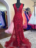Burgundy Lace Applique Mermaid Prom Dresses Plunging V-Neck Sheer Bodice FD4084