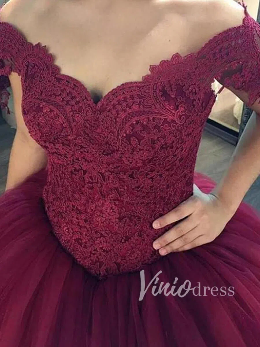 Burgundy Lace Ball Gown Prom Dresses FD1493 viniodress-prom dresses 2025 -Viniodress-Burgundy-Custom Size-