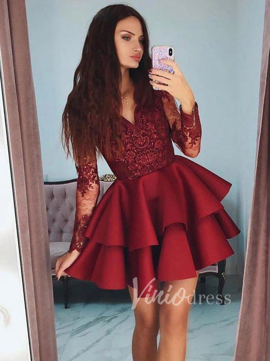 Short Prom Dresses 2025 Burgundy Lace Homecoming Dresses with Long Sleeves SD1186-homecoming dresses-Viniodress-Burgundy-Custom Size-Viniodress