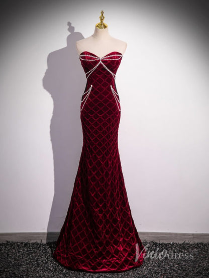 Burgundy Lace Mermaid Prom Dresses Removable Puffed Sleeve Pearl String 90054-prom dresses 2025 -Viniodress-Burgundy-Custom Size-