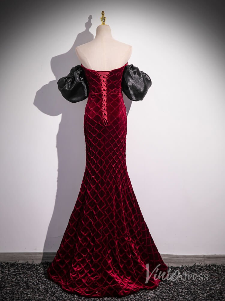 Burgundy Lace Mermaid Prom Dresses Removable Puffed Sleeve Pearl String 90054-prom dresses 2025 -Viniodress-Burgundy-Custom Size-