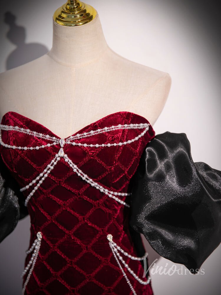 Burgundy Lace Mermaid Prom Dresses Removable Puffed Sleeve Pearl String 90054-prom dresses 2025 -Viniodress-Burgundy-Custom Size-