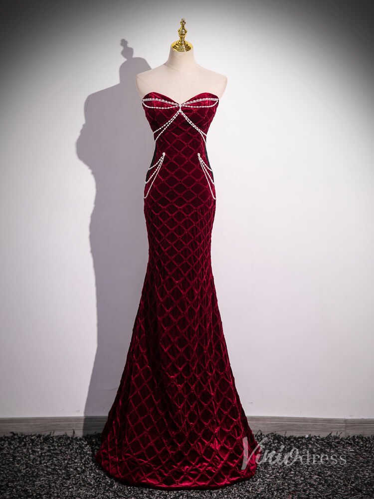 Burgundy Lace Mermaid Prom Dresses Removable Puffed Sleeve Pearl String 90054 - Viniodressprom dressesBurgundyCustom Size - Formal Dresses - Ball Gowns