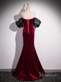 Burgundy Lace Mermaid Prom Dresses Removable Puffed Sleeve Pearl String 90054-prom dresses-Viniodress-Viniodress