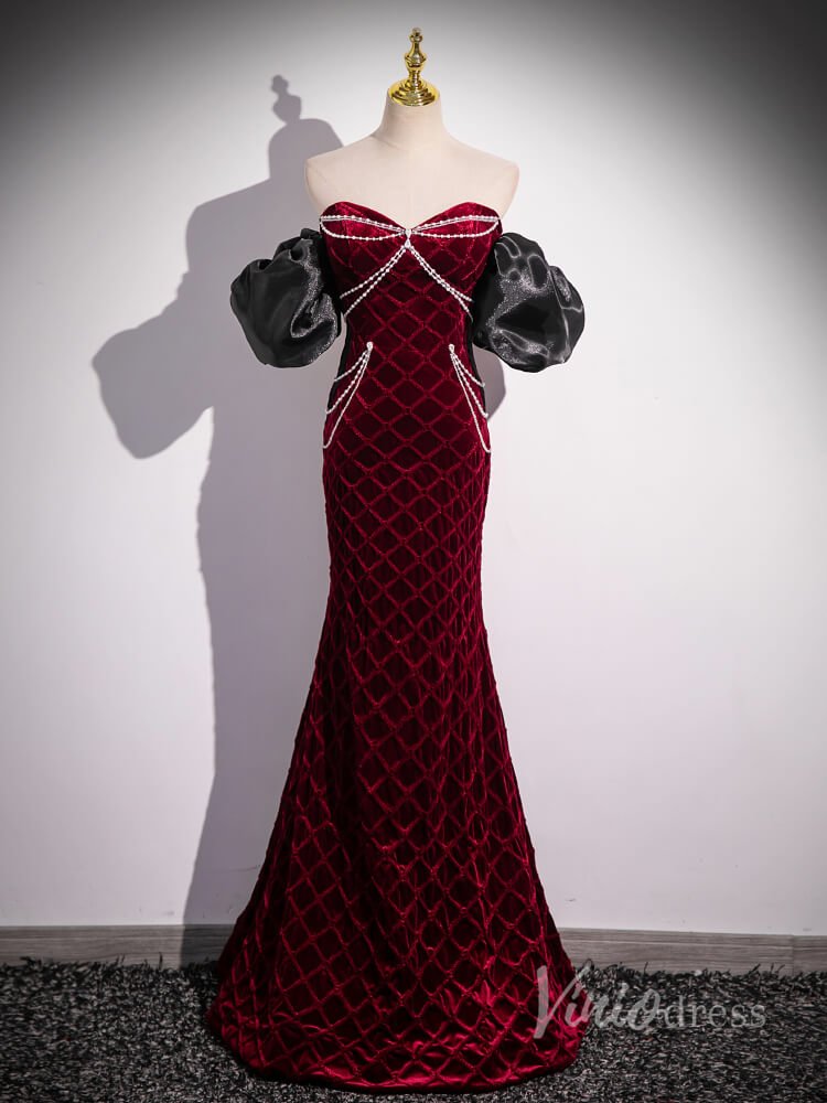 Burgundy Lace Mermaid Prom Dresses Removable Puffed Sleeve Pearl String 90054 - Viniodressprom dressesBurgundyCustom Size - Formal Dresses - Ball Gowns