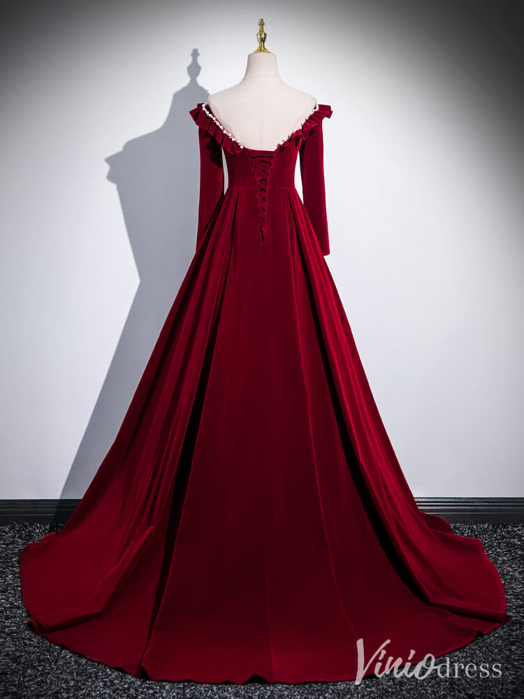 Burgundy Long Sleeve Cheap Prom Dresses Velvet Formal Gown AD1337-prom dresses-Viniodress-Viniodress