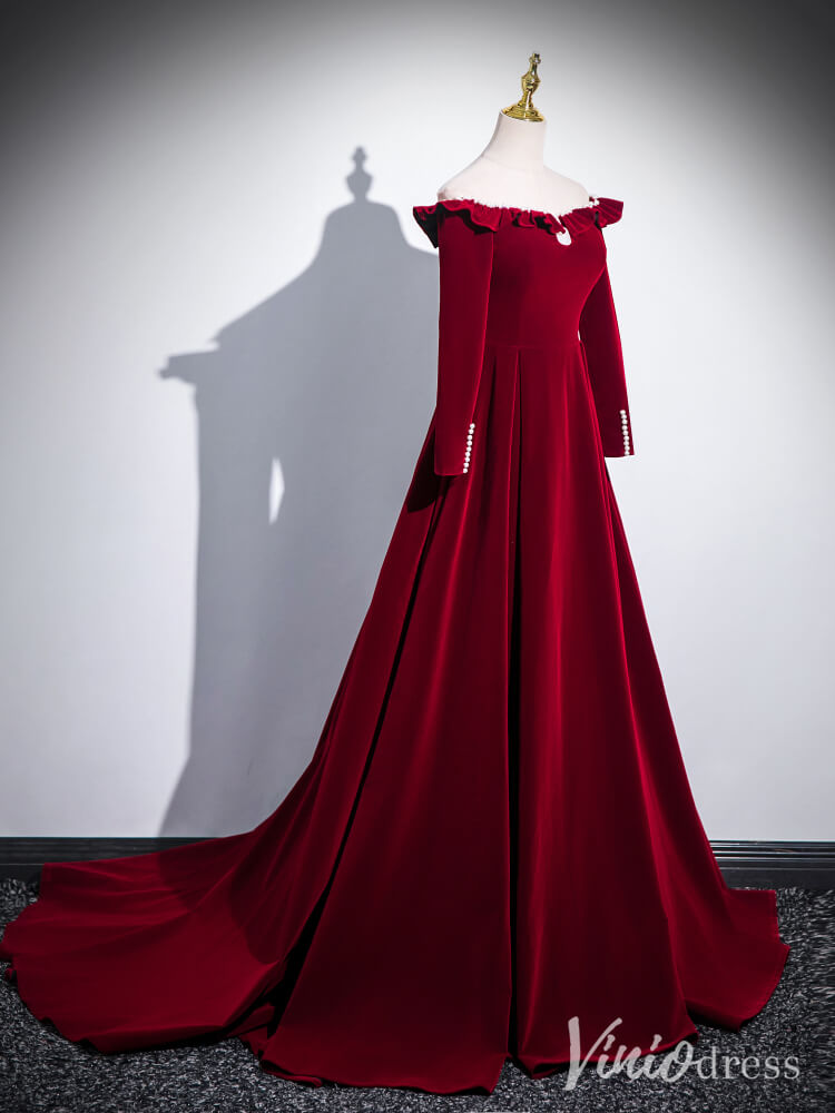 Burgundy Long Sleeve Cheap Prom Dresses Velvet Formal Gown AD1337-prom dresses-Viniodress-Viniodress