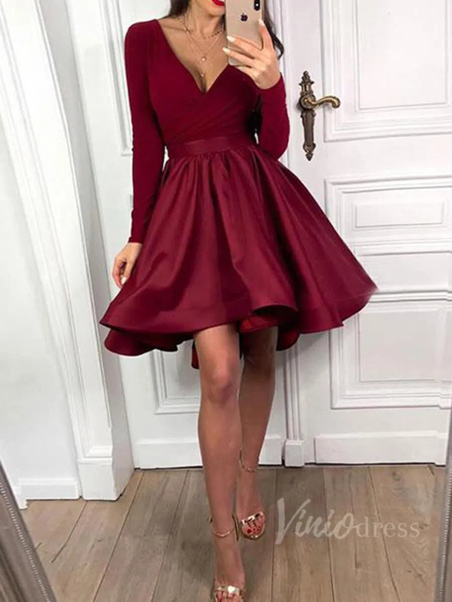 Burgundy Long Sleeve Homecoming Dresses V Neck SD1114-homecoming dresses-Viniodress-Viniodress